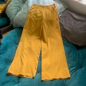Yellow, flowy, high-waisted, wide-legged pants